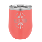 Laser etched coral 12 oz vacuum insulated wine cup with 'Never Stop Exploring' design