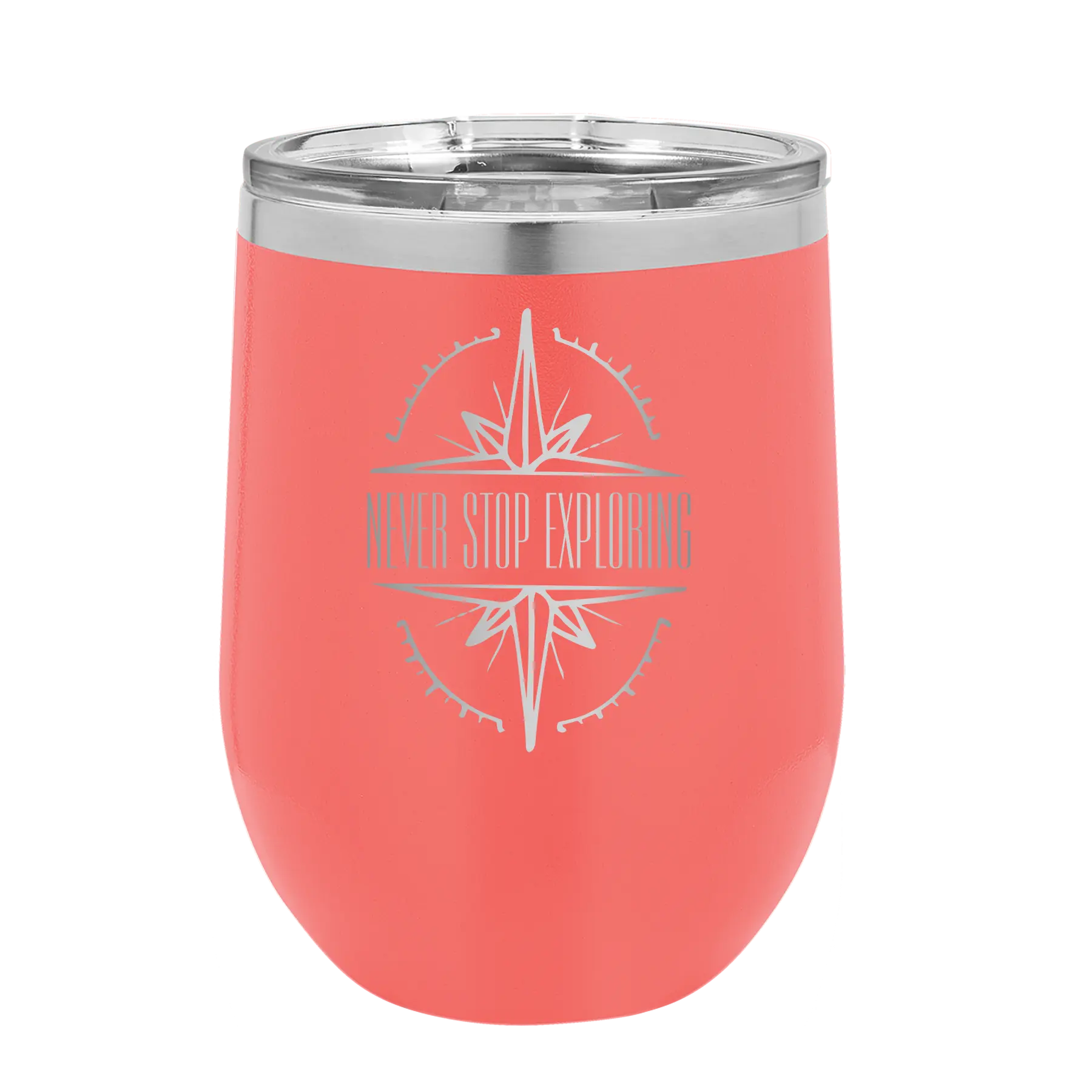 Laser etched coral 12 oz vacuum insulated wine cup with 'Never Stop Exploring' design