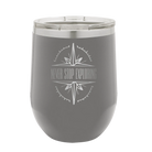 Laser etched dark gray 12 oz vacuum insulated wine cup with 'Never Stop Exploring' design