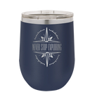 Laser etched navy 12 oz vacuum insulated wine cup with 'Never Stop Exploring' design