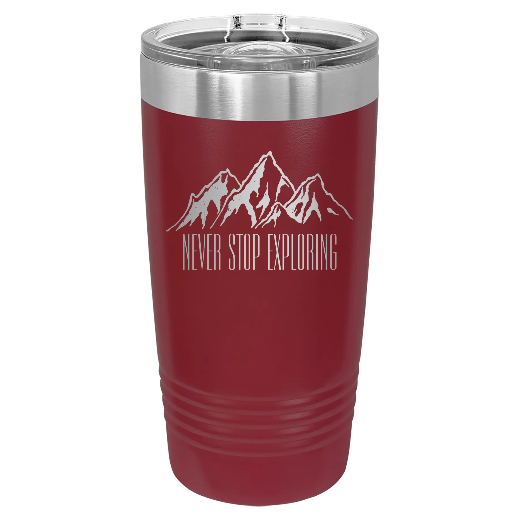 Laser etched maroon 20 oz vacuum insulated tumbler with 'Never Stop Exploring2' design