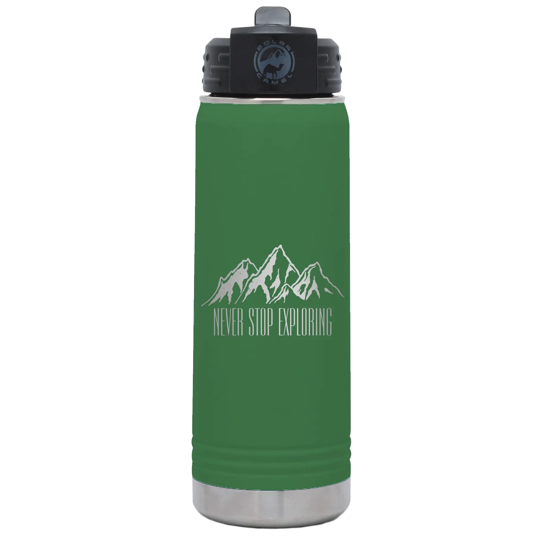 Laser etched green 20 oz vacuum insulated water bottle with 'Never Stop Exploring2' design