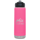 Laser etched pink 20 oz vacuum insulated water bottle with 'Never Stop Exploring2' design
