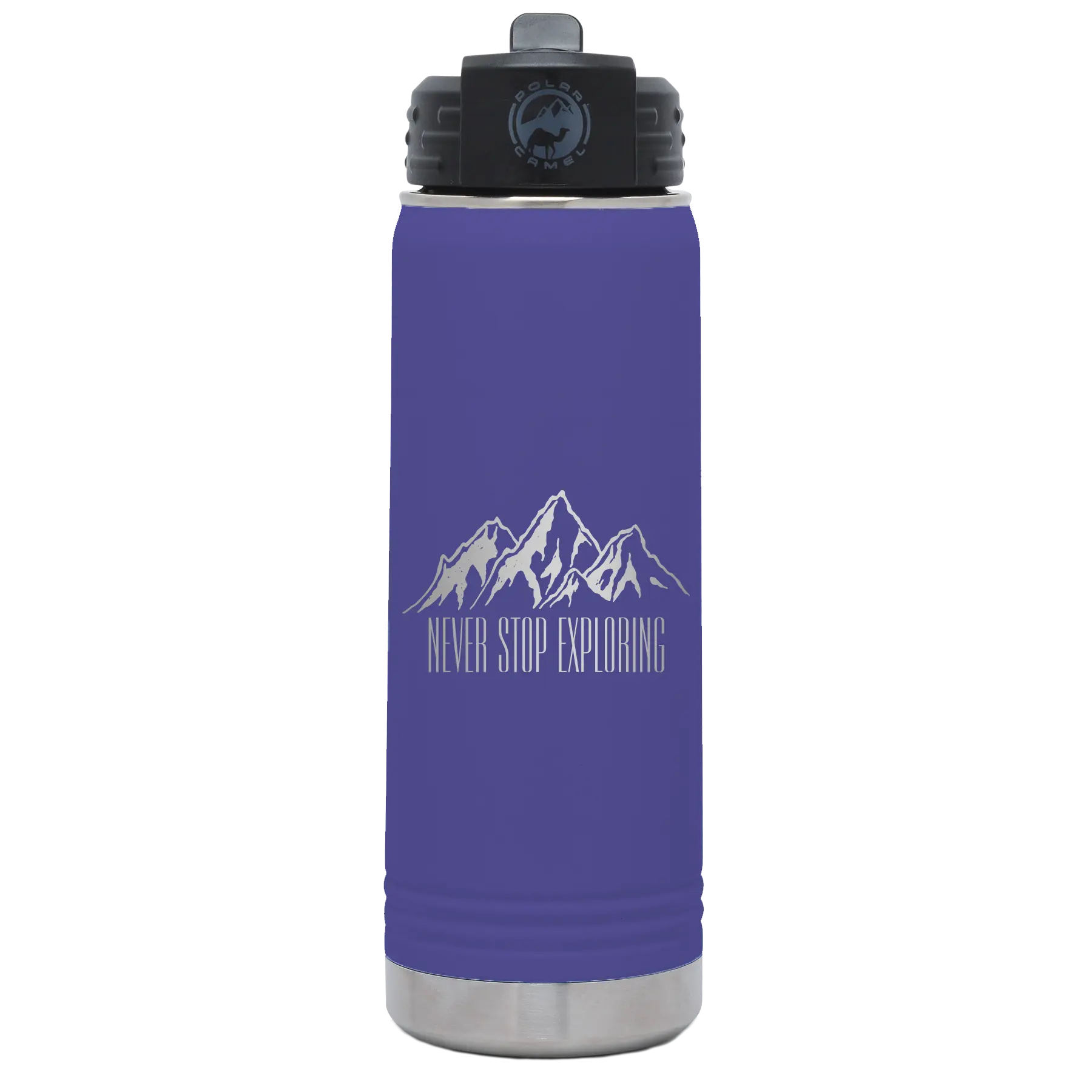 Laser etched purple 20 oz vacuum insulated water bottle with 'Never Stop Exploring2' design