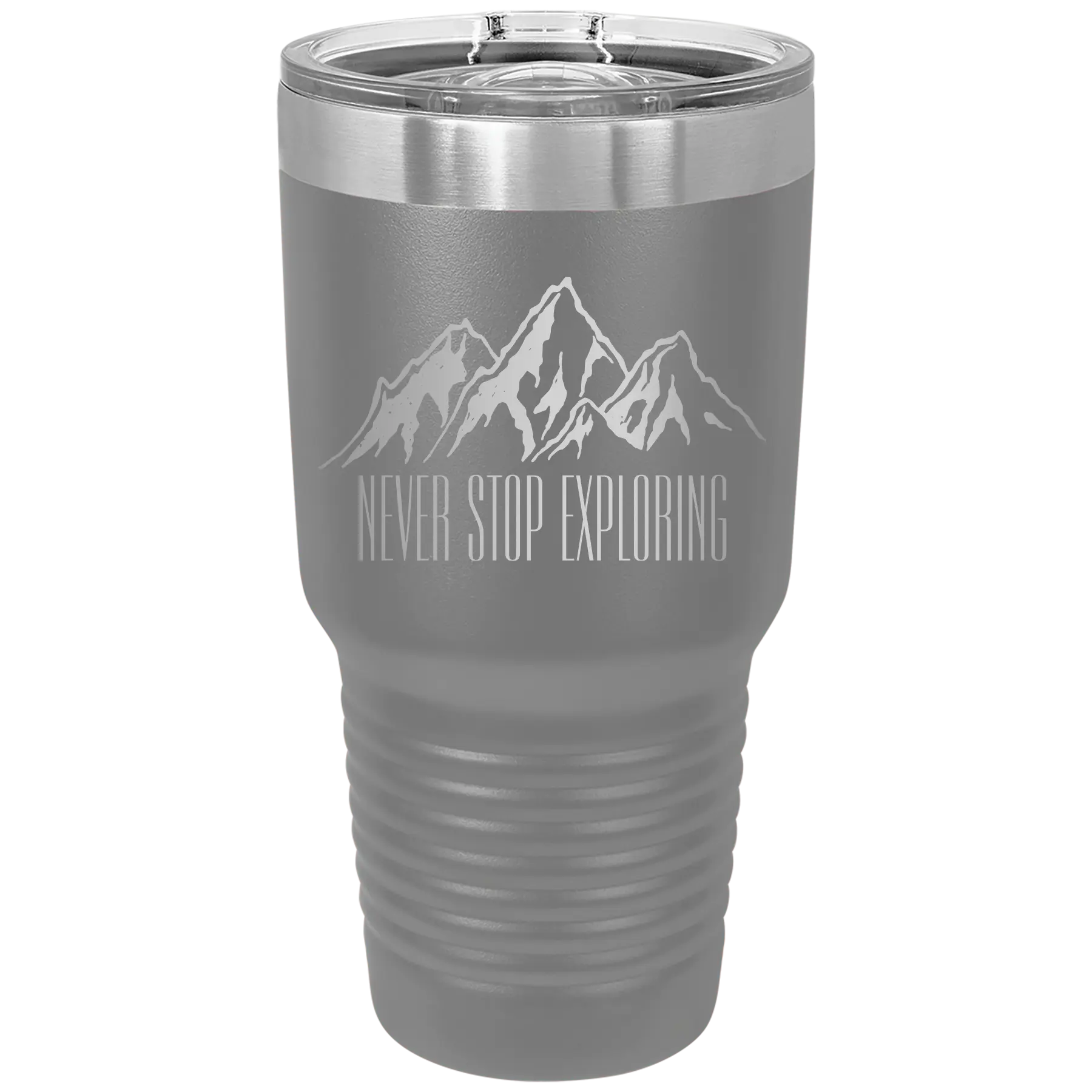 Laser etched dark gray 30 oz vacuum insulated tumbler with 'Never Stop Exploring2' design