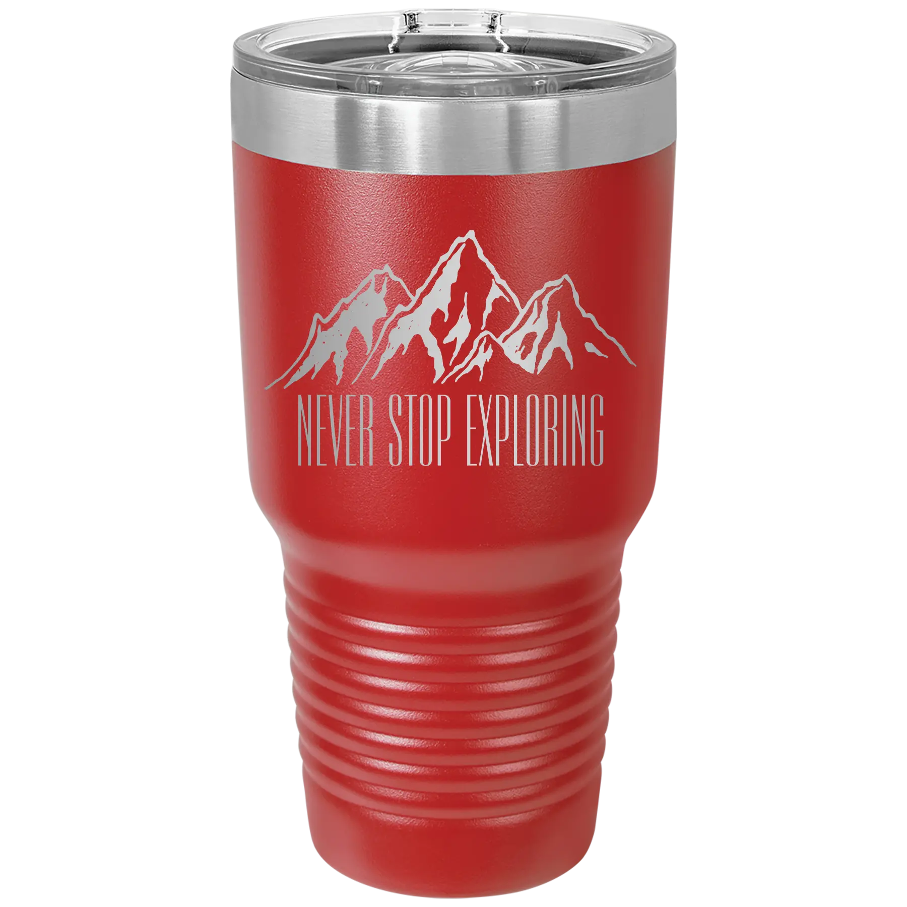 Laser etched red 30 oz vacuum insulated tumbler with 'Never Stop Exploring2' design