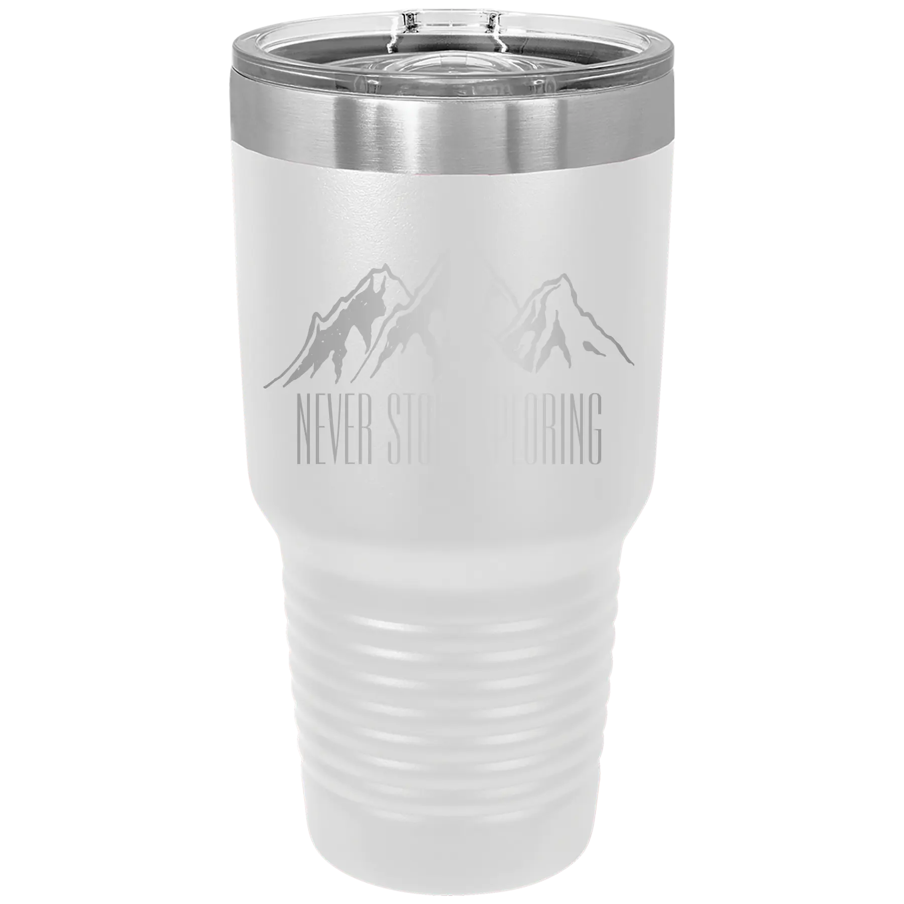 Laser etched white 30 oz vacuum insulated tumbler with 'Never Stop Exploring2' design