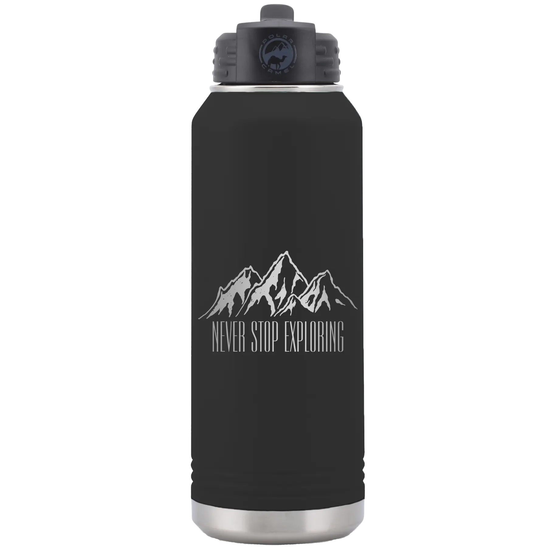 Laser etched black 32 oz vacuum insulated water bottle with 'Never Stop Exploring2' design