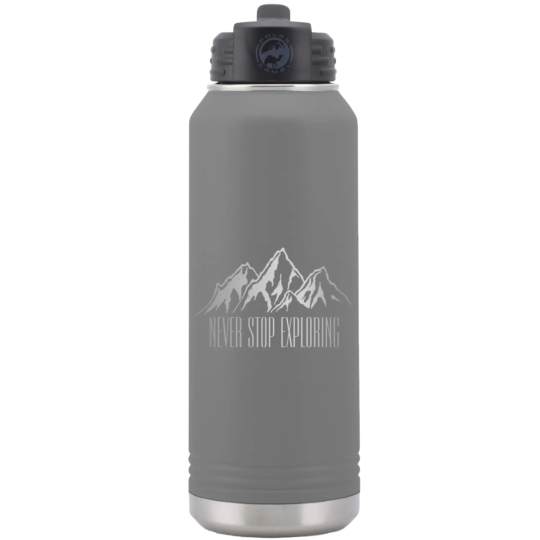 Laser etched dark gray 32 oz vacuum insulated water bottle with 'Never Stop Exploring2' design