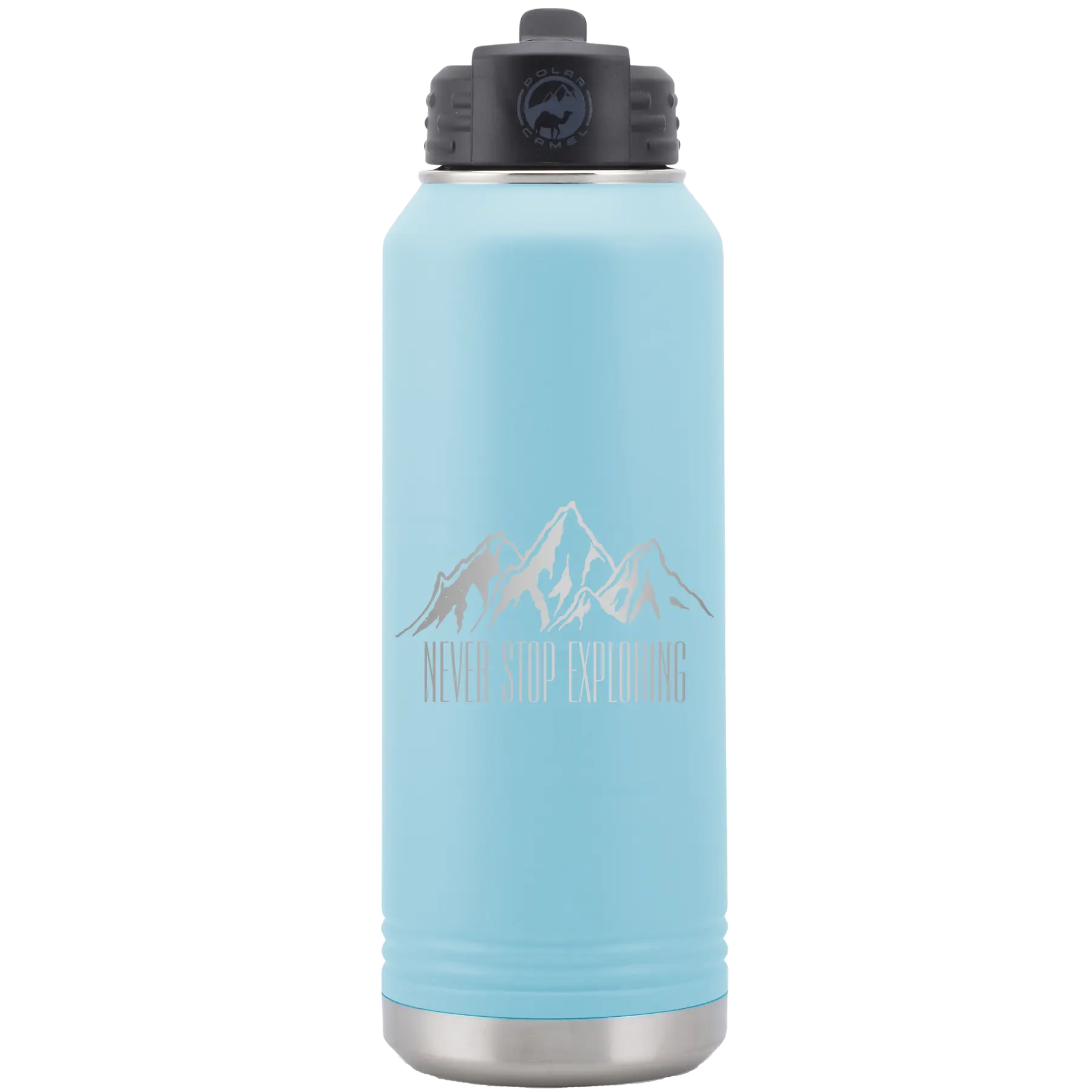 Laser etched light blue 32 oz vacuum insulated water bottle with 'Never Stop Exploring2' design