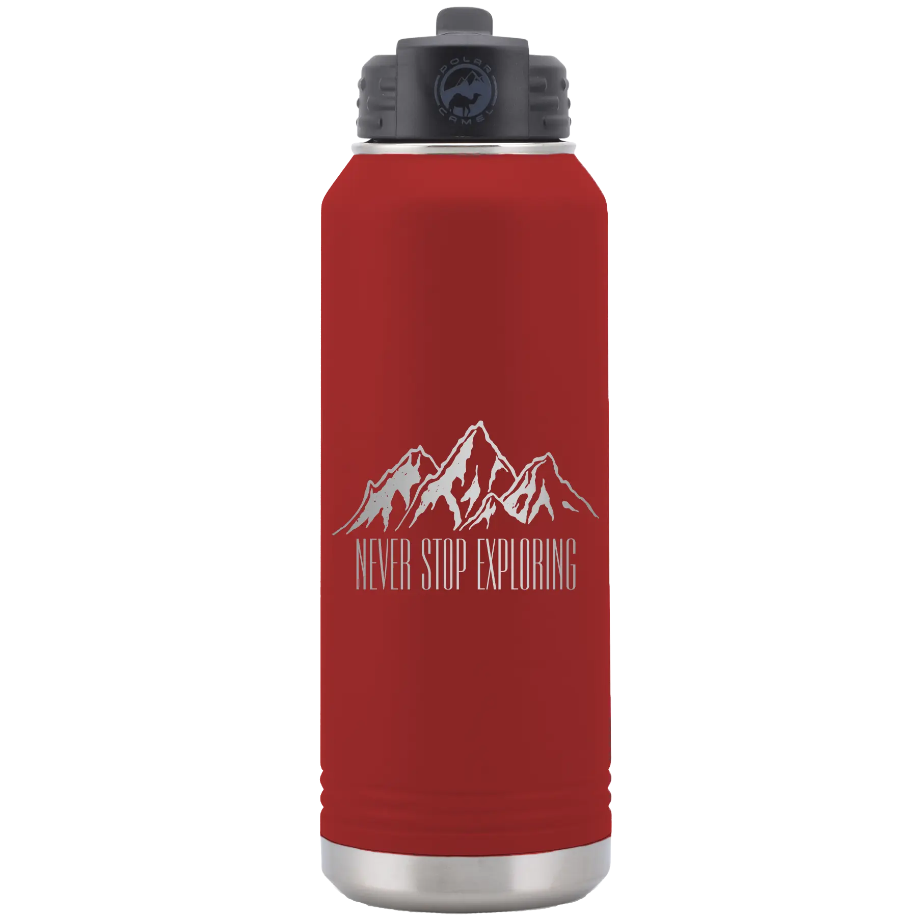 Laser etched maroon 32 oz vacuum insulated water bottle with 'Never Stop Exploring2' design