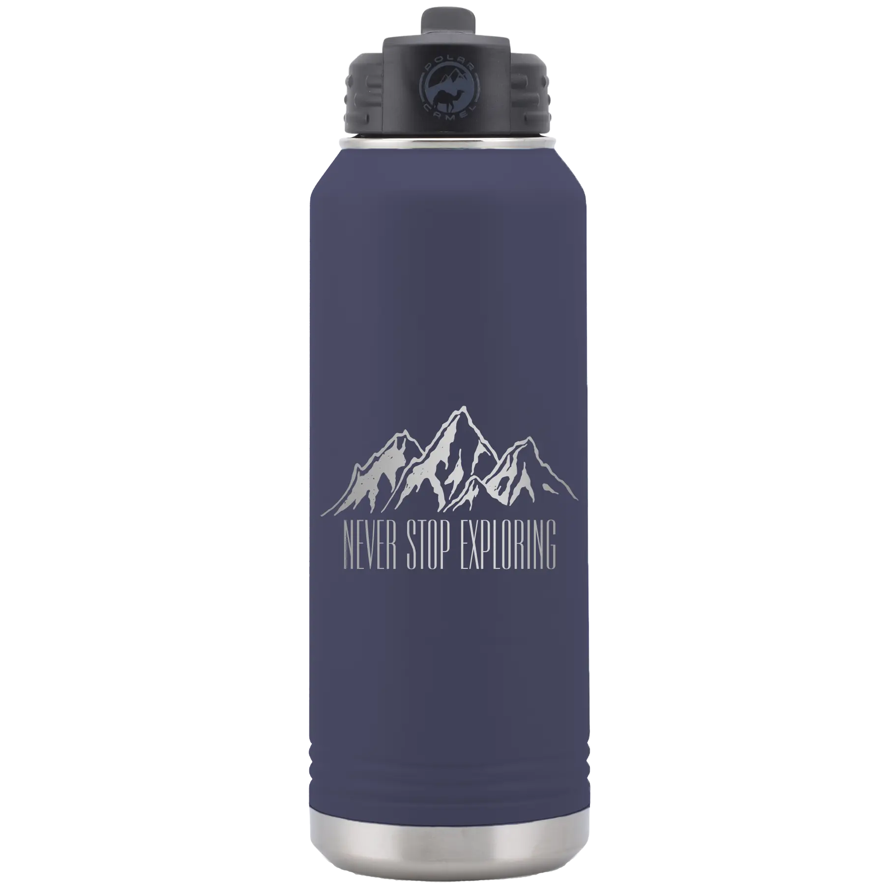 Laser etched navy 32 oz vacuum insulated water bottle with 'Never Stop Exploring2' design