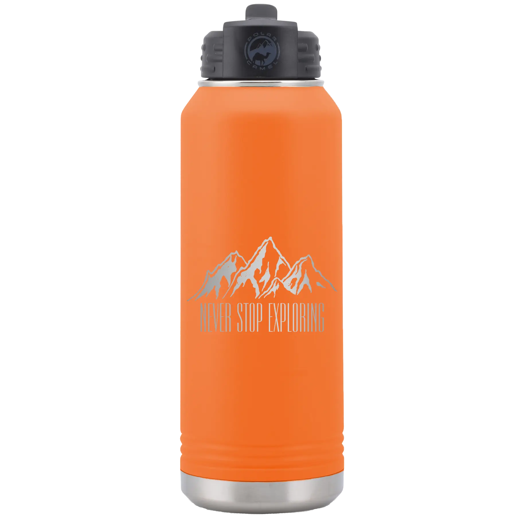 Laser etched orange 32 oz vacuum insulated water bottle with 'Never Stop Exploring2' design