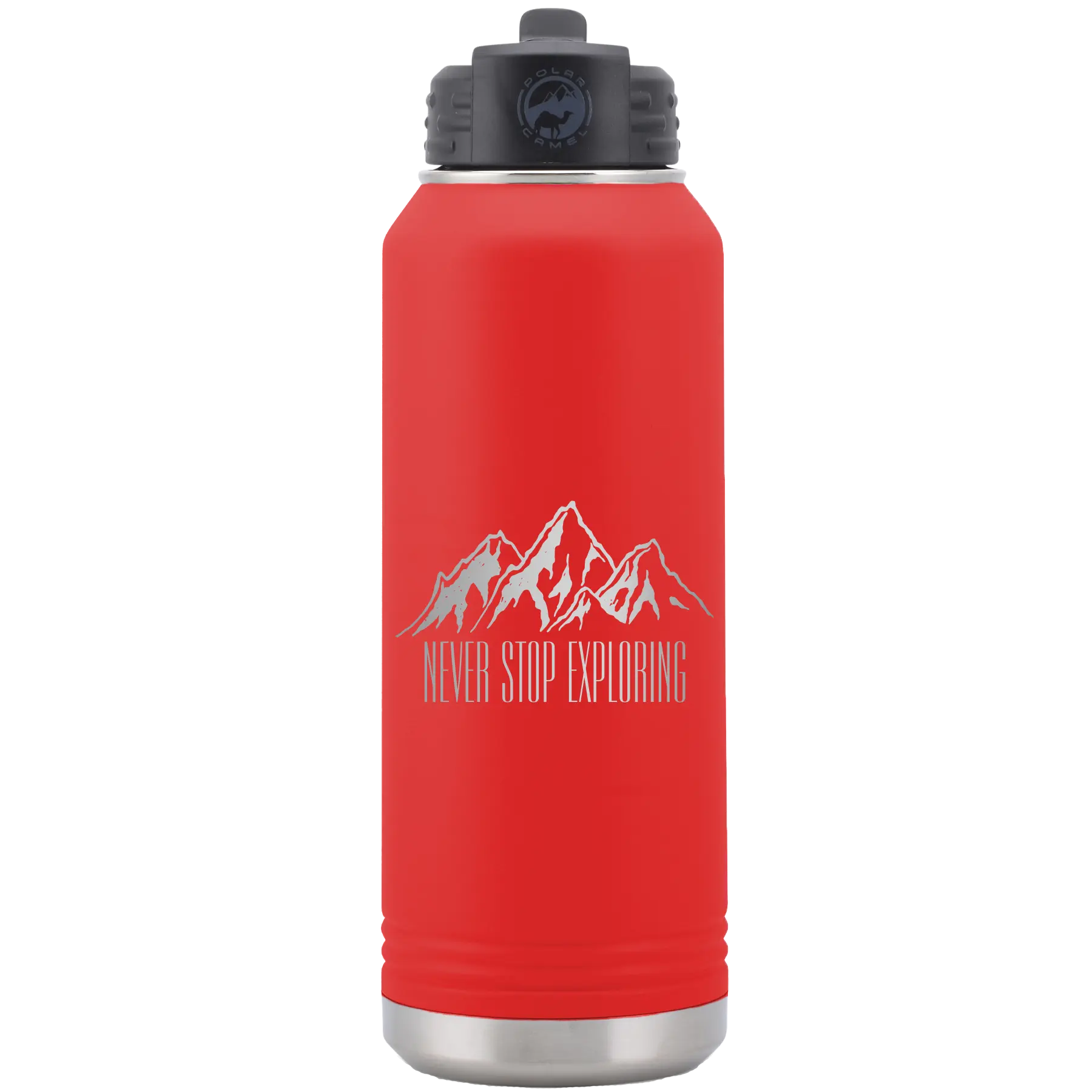 Laser etched red 32 oz vacuum insulated water bottle with 'Never Stop Exploring2' design