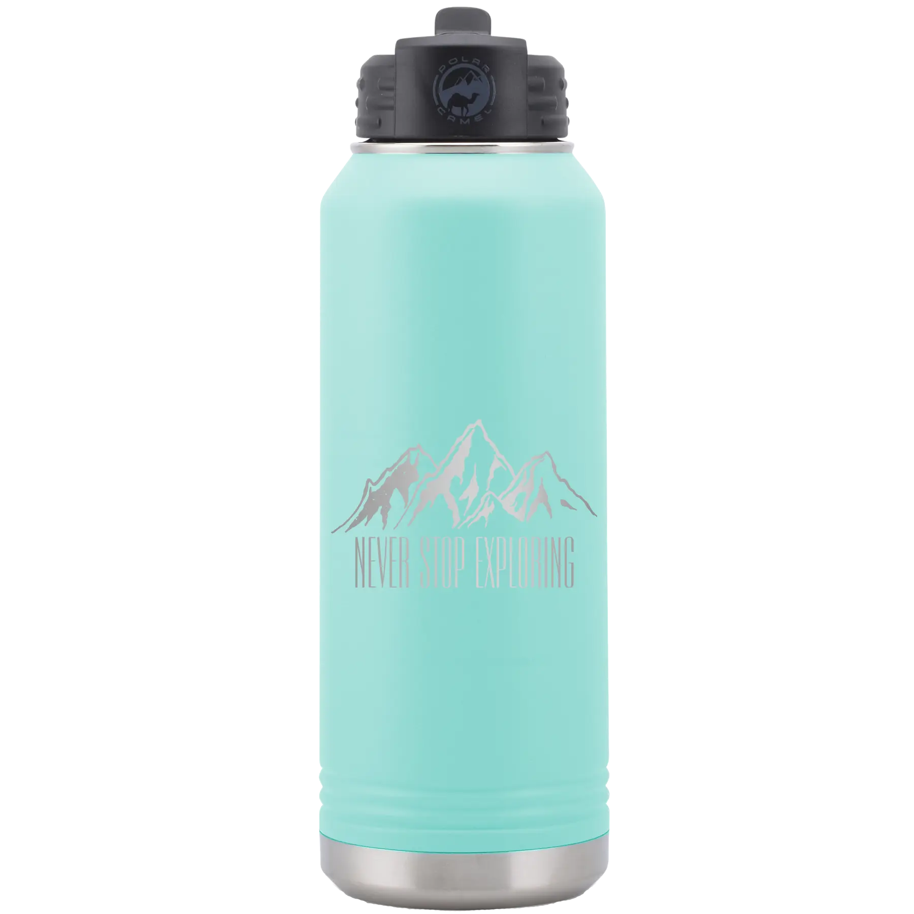 Laser etched teal 32 oz vacuum insulated water bottle with 'Never Stop Exploring2' design