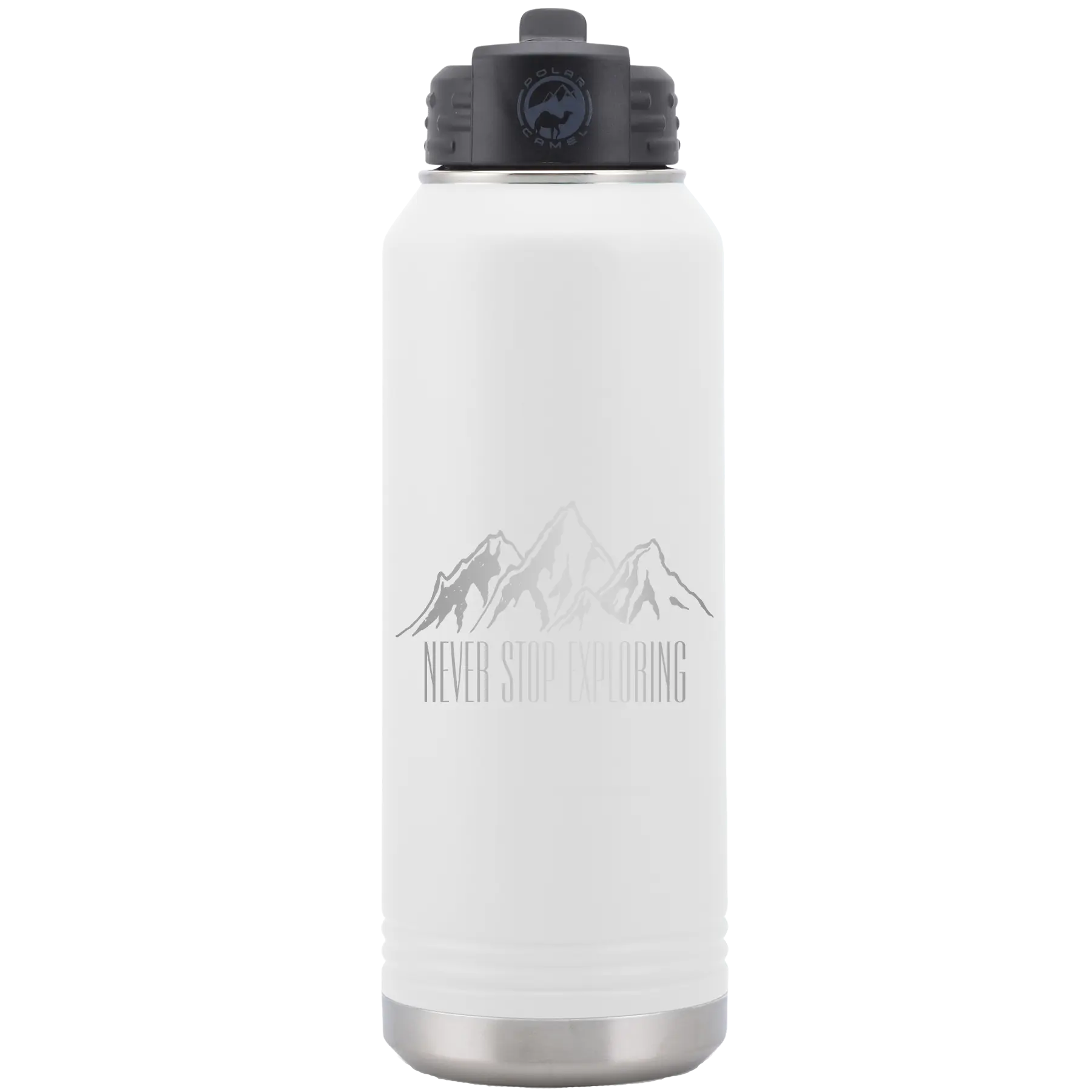 Laser etched white 32 oz vacuum insulated water bottle with 'Never Stop Exploring2' design