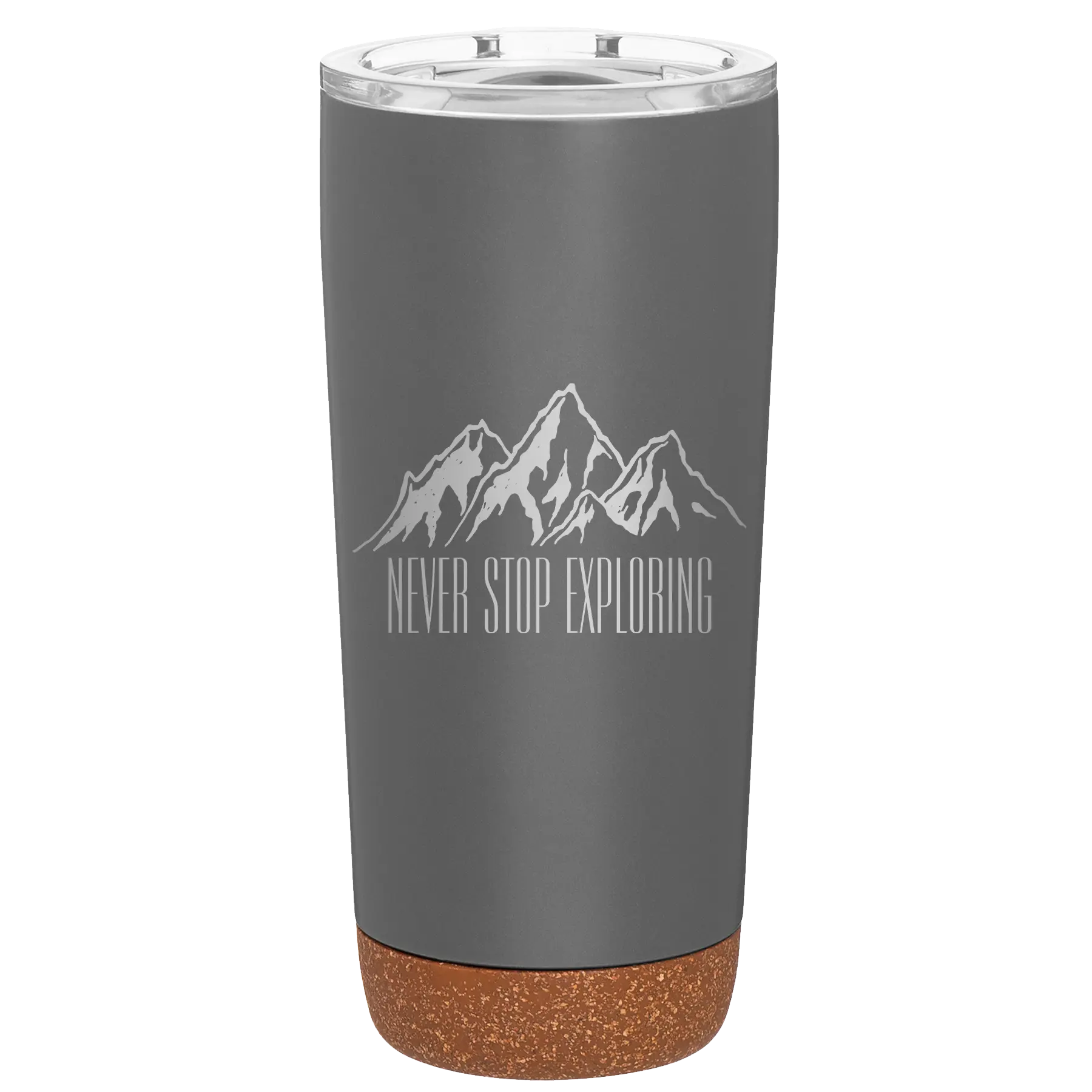 Laser etched storm gray 20 oz vacuum insulated tumbler with 'Never Stop Exploring2' design