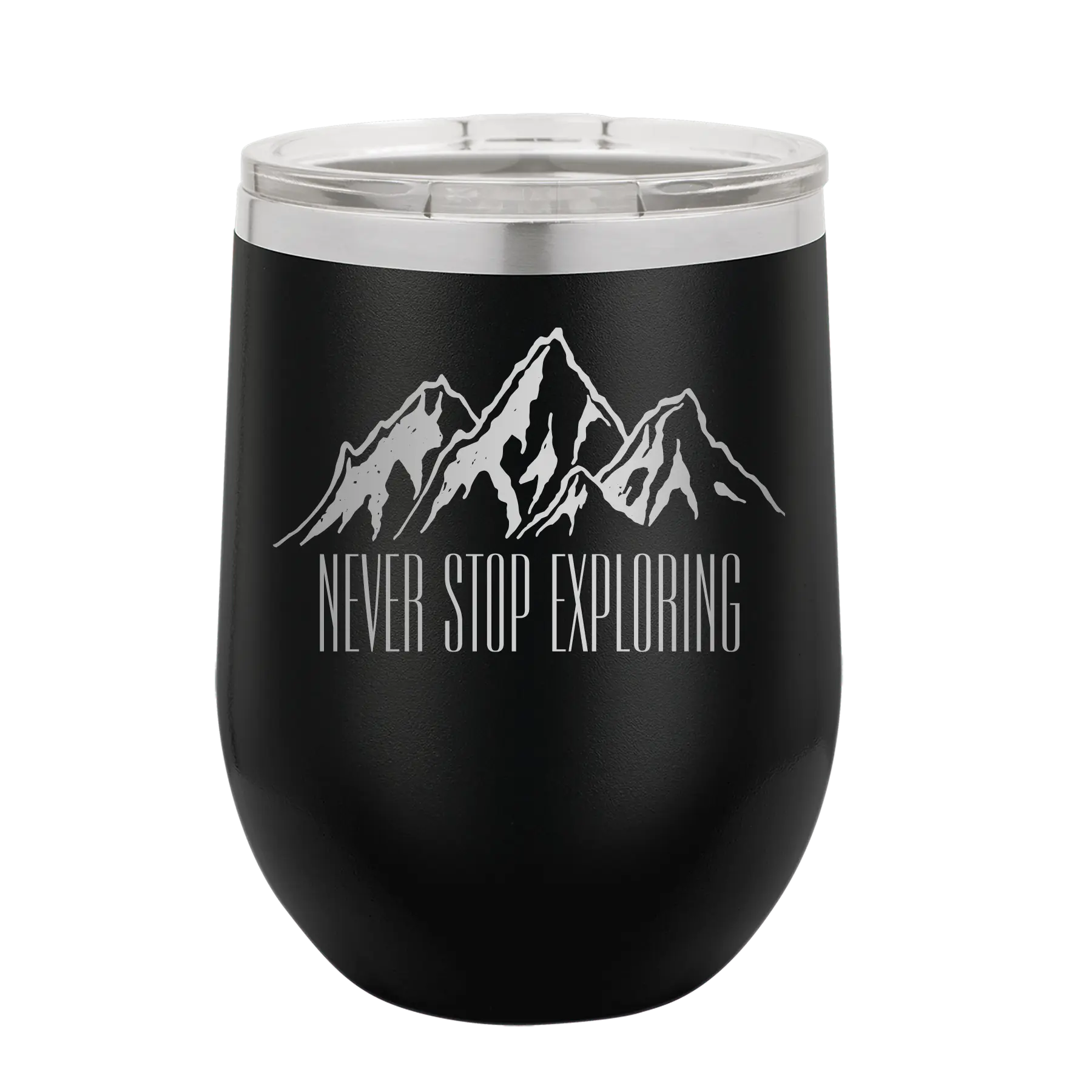 Laser etched black 12 oz vacuum insulated wine cup with 'Never Stop Exploring2' design