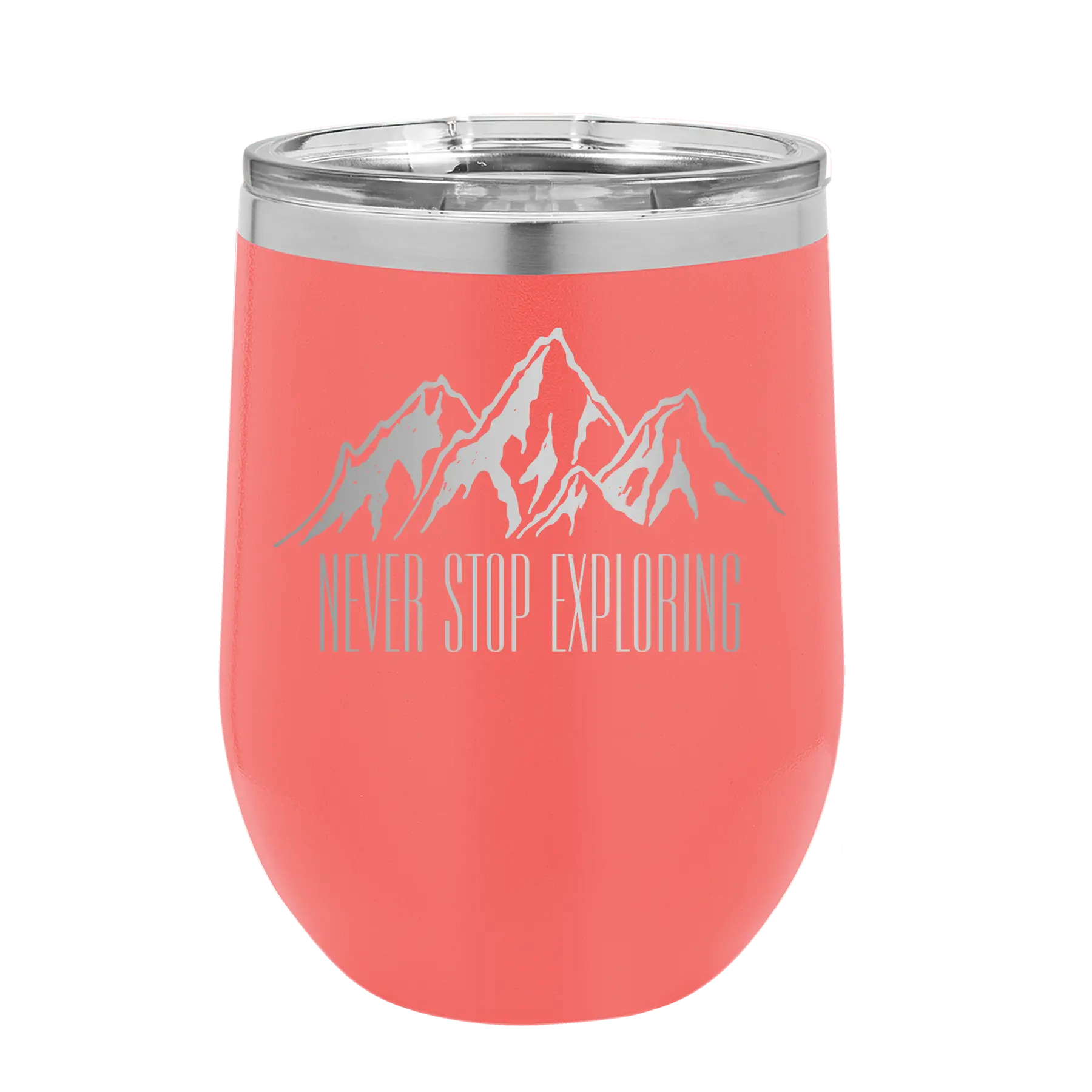Laser etched coral 12 oz vacuum insulated wine cup with 'Never Stop Exploring2' design
