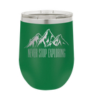 Laser etched green 12 oz vacuum insulated wine cup with 'Never Stop Exploring2' design