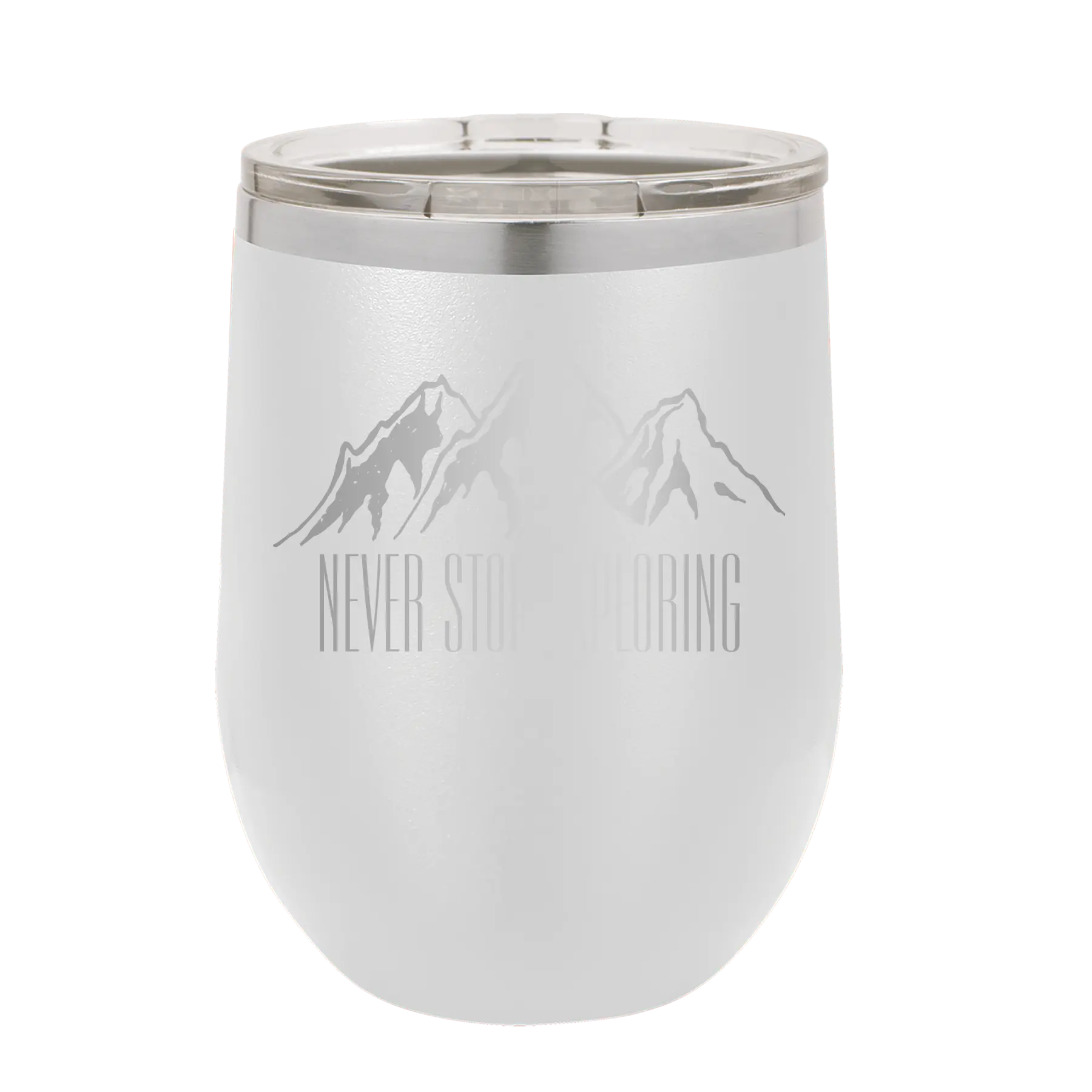 Laser etched white 12 oz vacuum insulated wine cup with 'Never Stop Exploring2' design