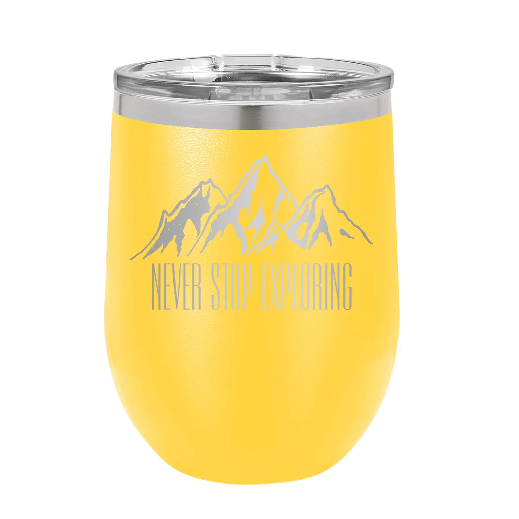 Laser etched yellow 12 oz vacuum insulated wine cup with 'Never Stop Exploring2' design