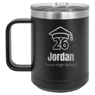 Personalized black 15 oz vacuum insulated coffee mug with 'Year 2026' design