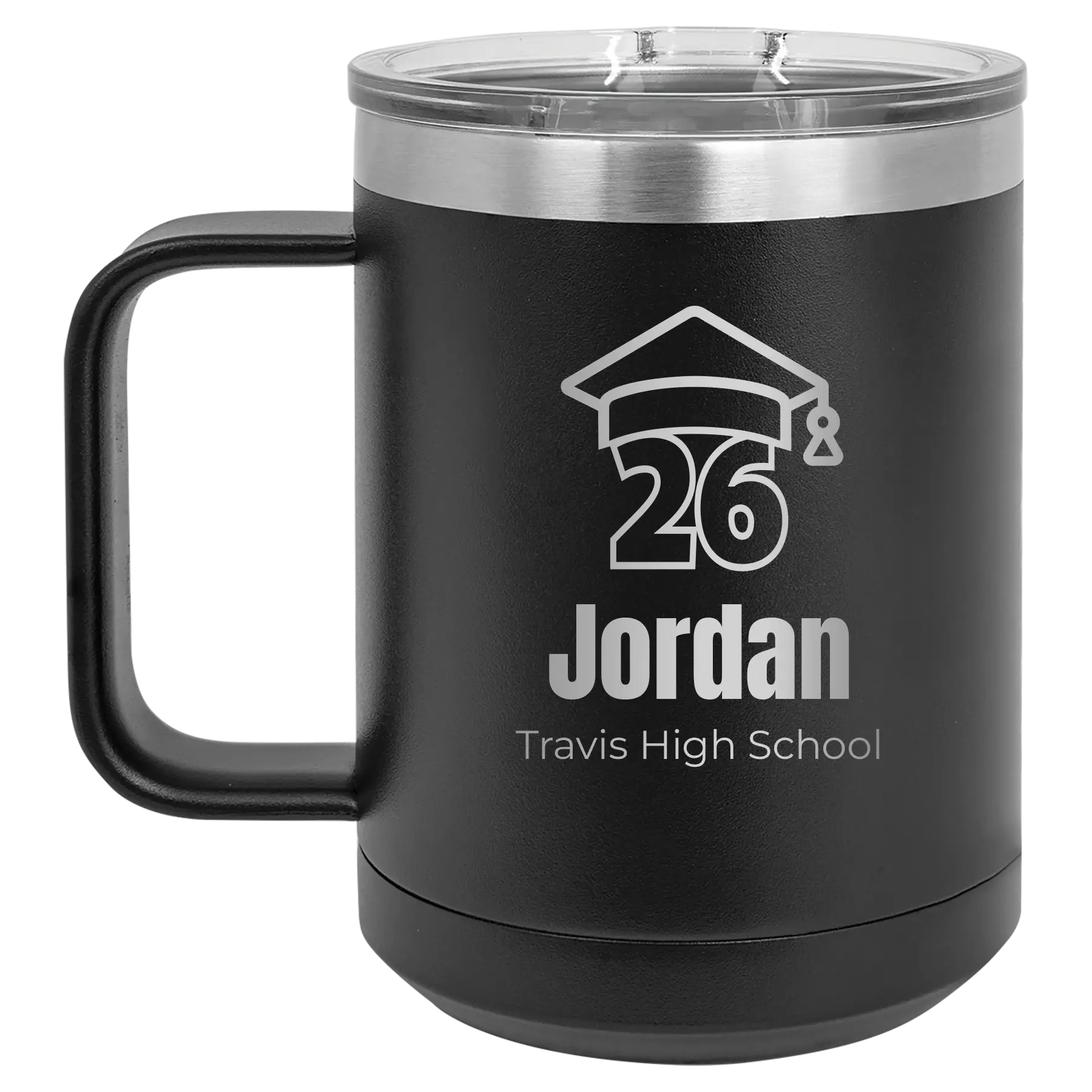 Personalized black 15 oz vacuum insulated coffee mug with 'Year 2026' design