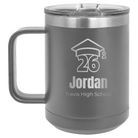 Personalized dark gray 15 oz vacuum insulated coffee mug with 'Year 2026' design