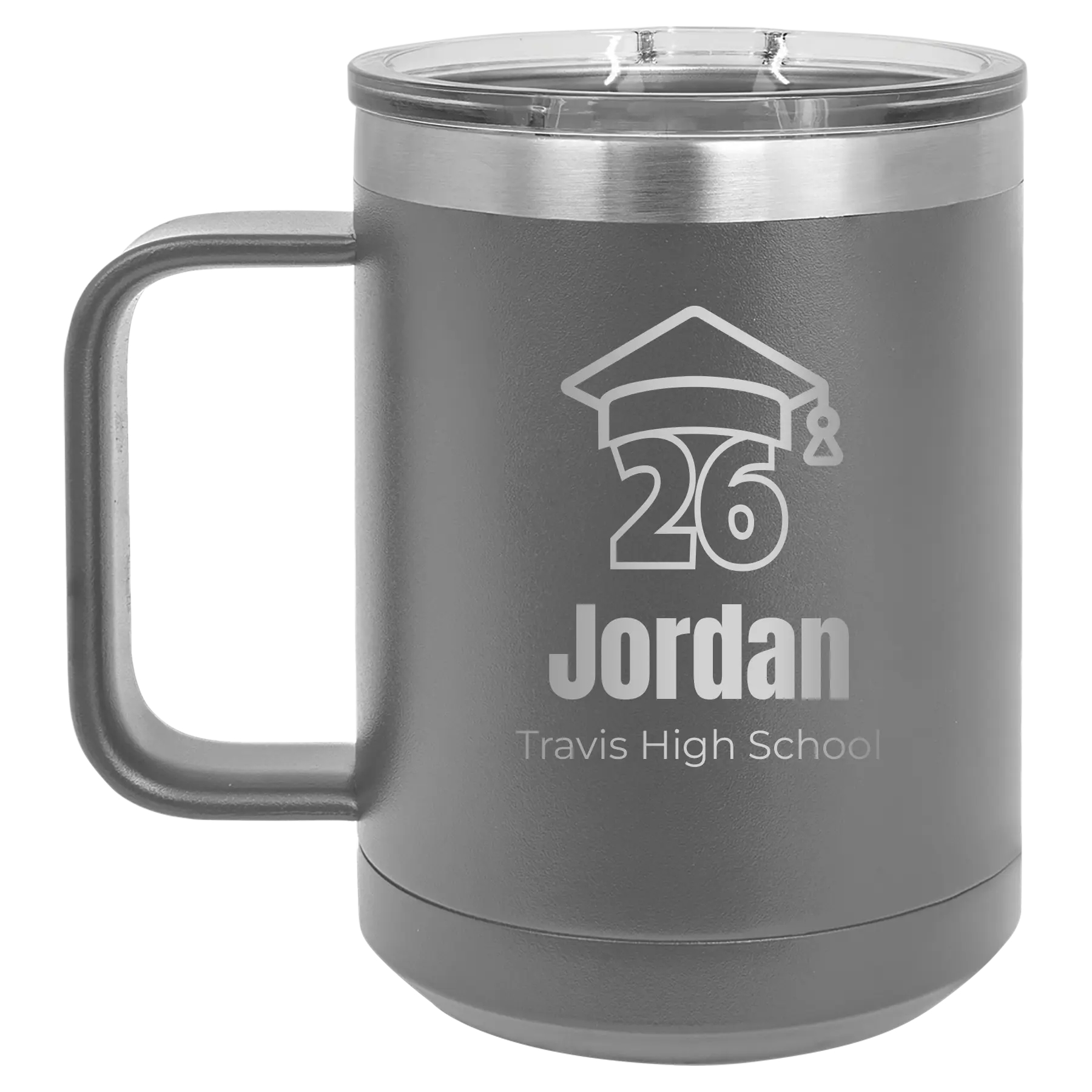 Personalized dark gray 15 oz vacuum insulated coffee mug with 'Year 2026' design