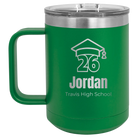 Personalized green 15 oz vacuum insulated coffee mug with 'Year 2026' design