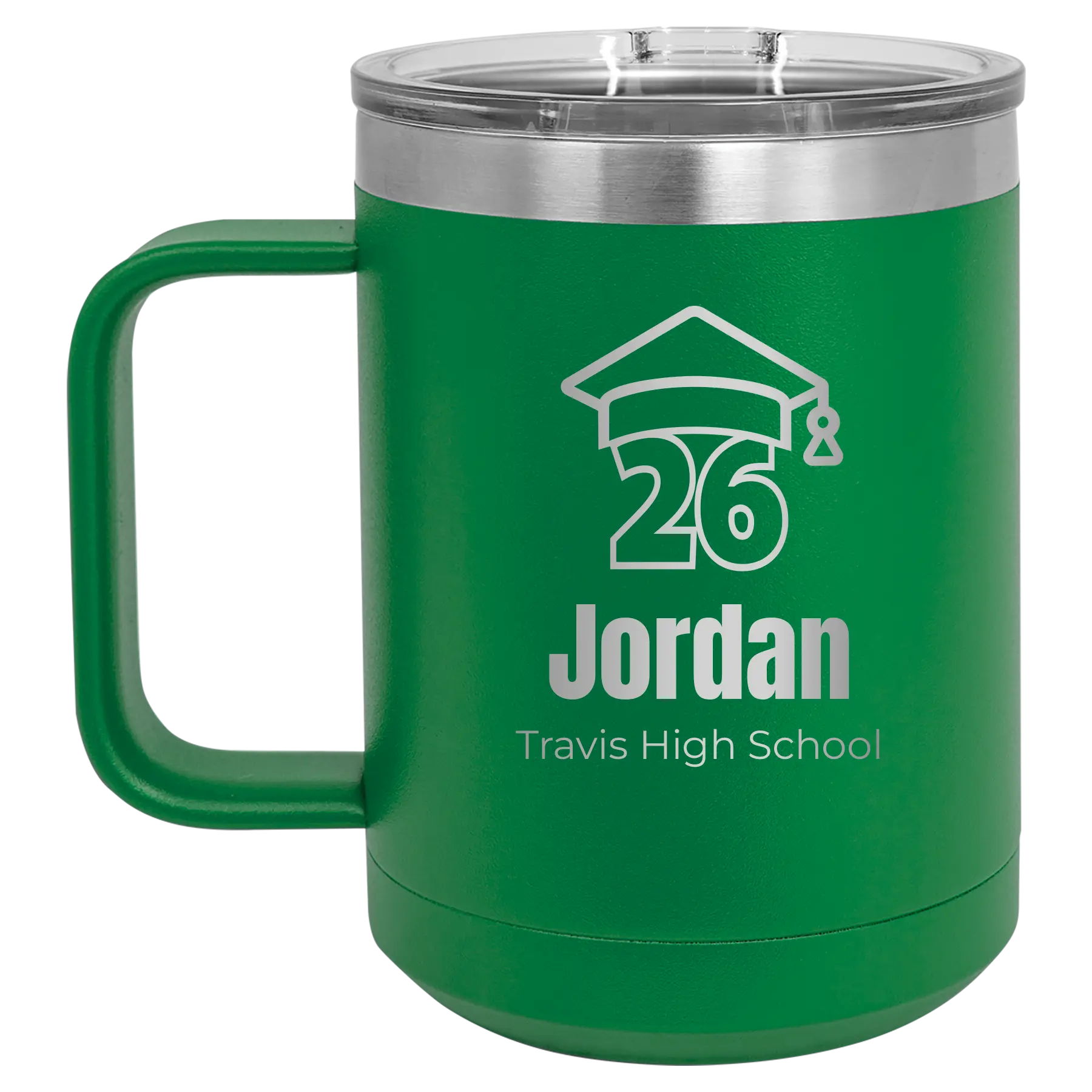 Personalized green 15 oz vacuum insulated coffee mug with 'Year 2026' design