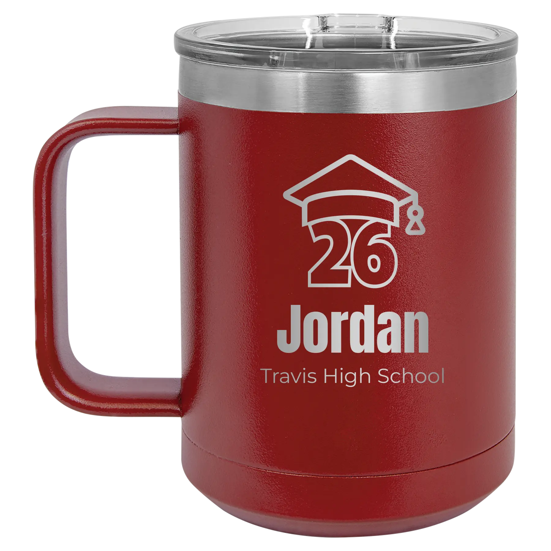 Personalized maroon 15 oz vacuum insulated coffee mug with 'Year 2026' design
