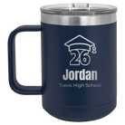 Personalized navy 15 oz vacuum insulated coffee mug with 'Year 2026' design