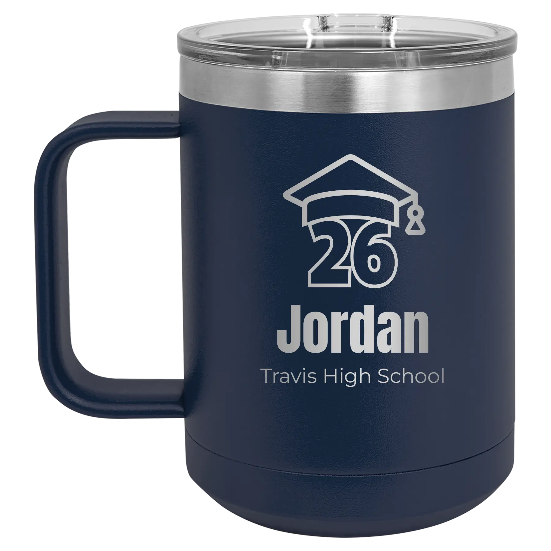 Personalized navy 15 oz vacuum insulated coffee mug with 'Year 2026' design