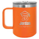 Personalized orange 15 oz vacuum insulated coffee mug with 'Year 2026' design