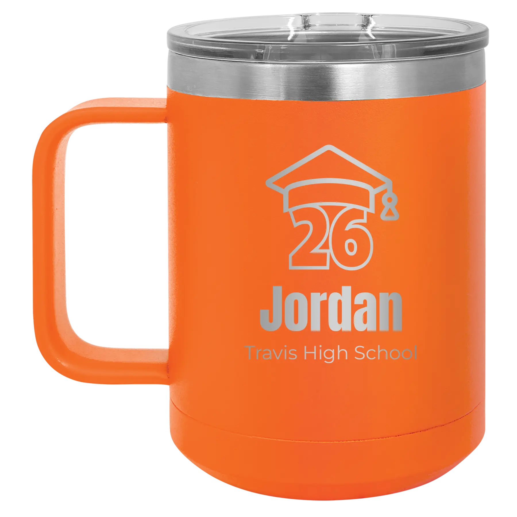 Personalized orange 15 oz vacuum insulated coffee mug with 'Year 2026' design