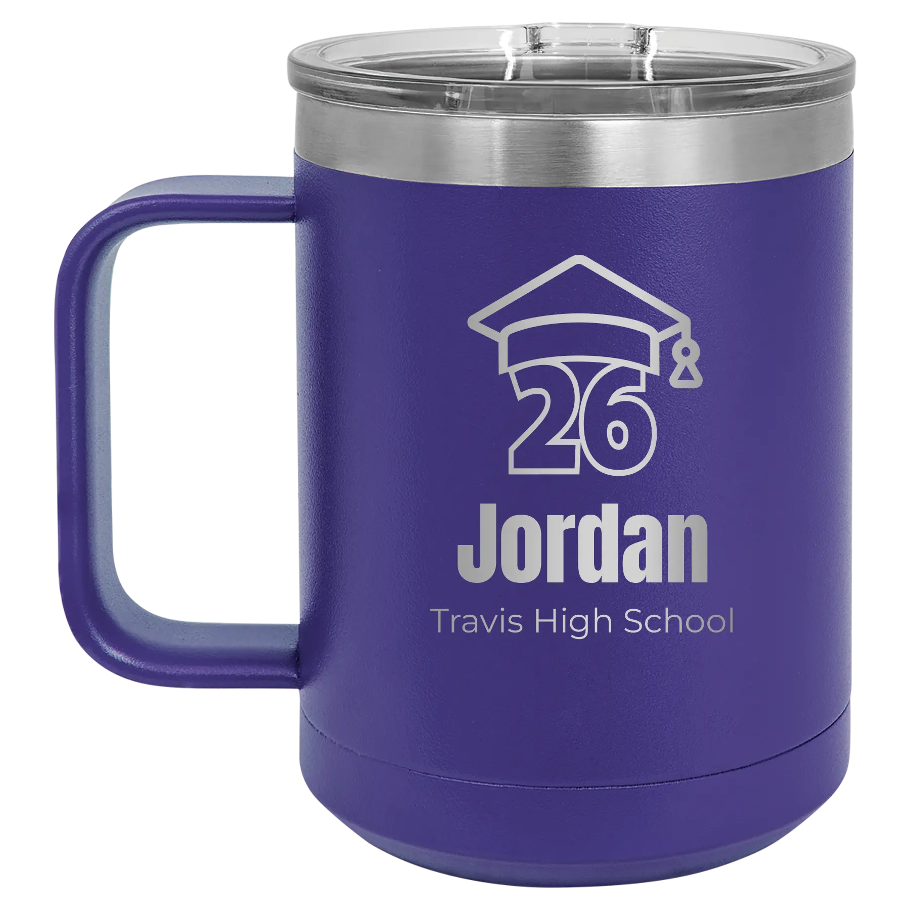 Personalized purple 15 oz vacuum insulated coffee mug with 'Year 2026' design
