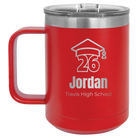 Personalized red 15 oz vacuum insulated coffee mug with 'Year 2026' design