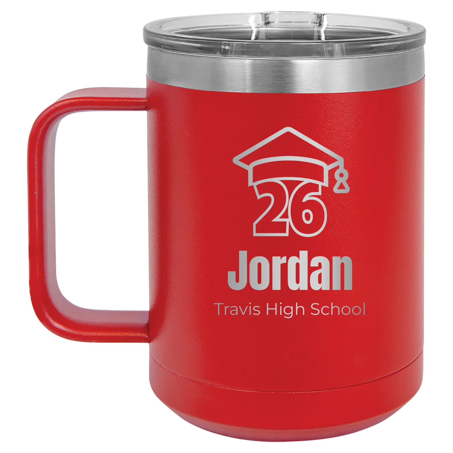 Personalized red 15 oz vacuum insulated coffee mug with 'Year 2026' design