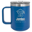 Personalized royal blue 15 oz vacuum insulated coffee mug with 'Year 2026' design