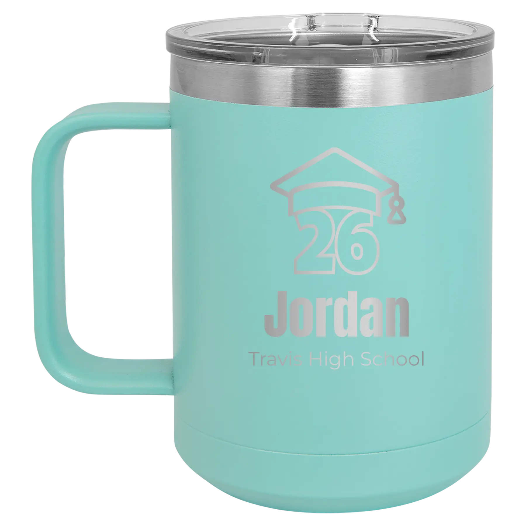 Personalized teal 15 oz vacuum insulated coffee mug with 'Year 2026' design