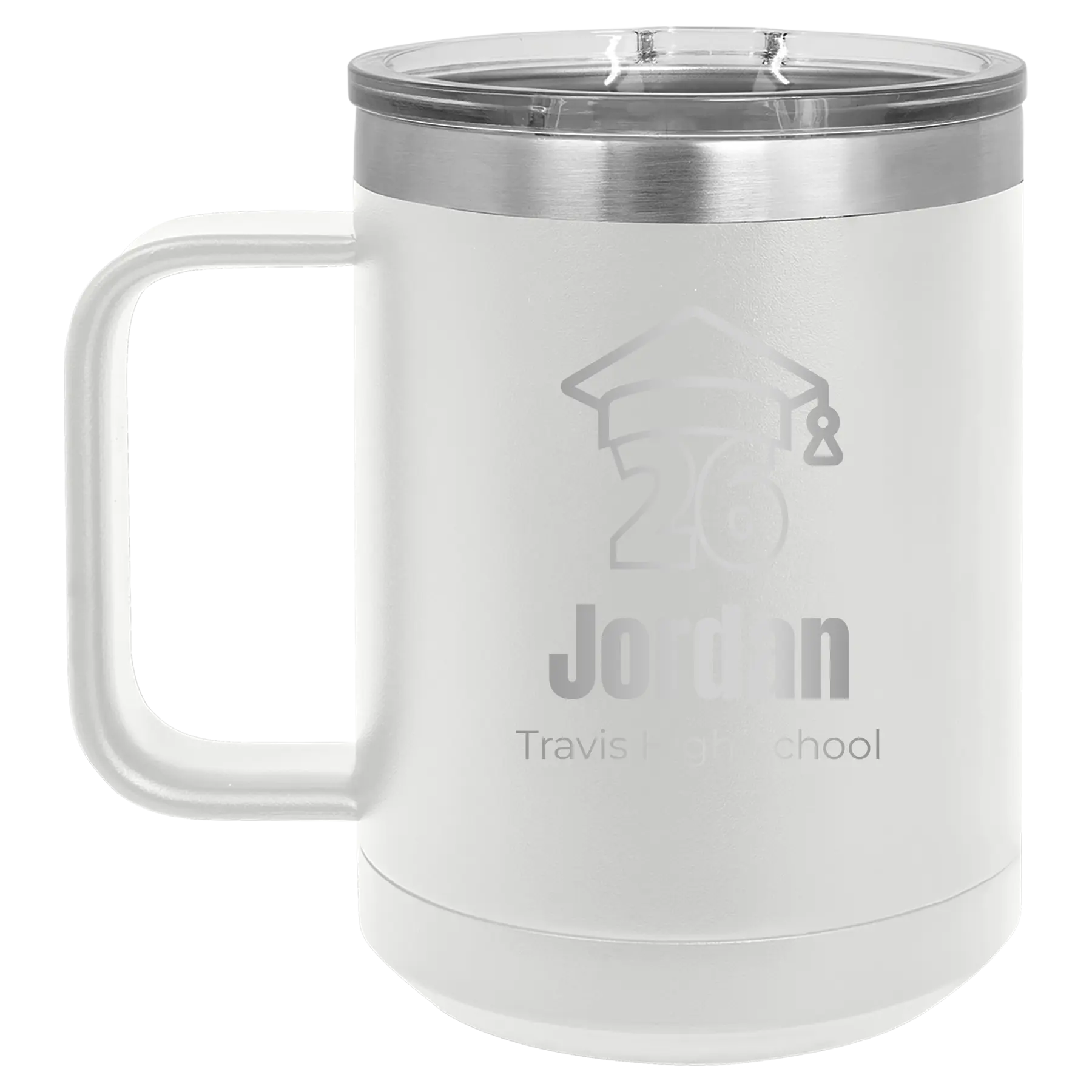 Personalized white 15 oz vacuum insulated coffee mug with 'Year 2026' design