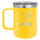 Personalized yellow 15 oz vacuum insulated coffee mug with 'Year 2026' design