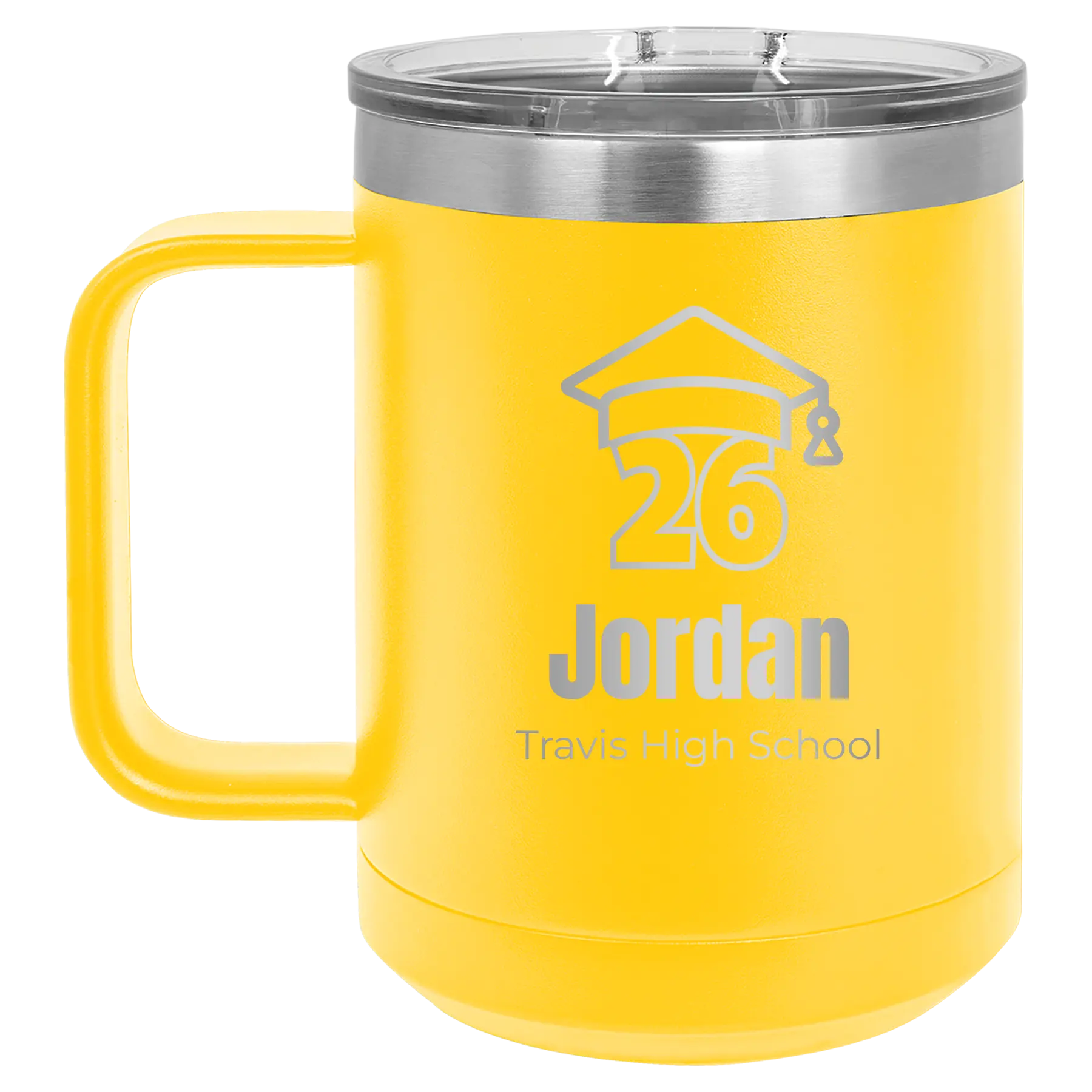 Personalized yellow 15 oz vacuum insulated coffee mug with 'Year 2026' design
