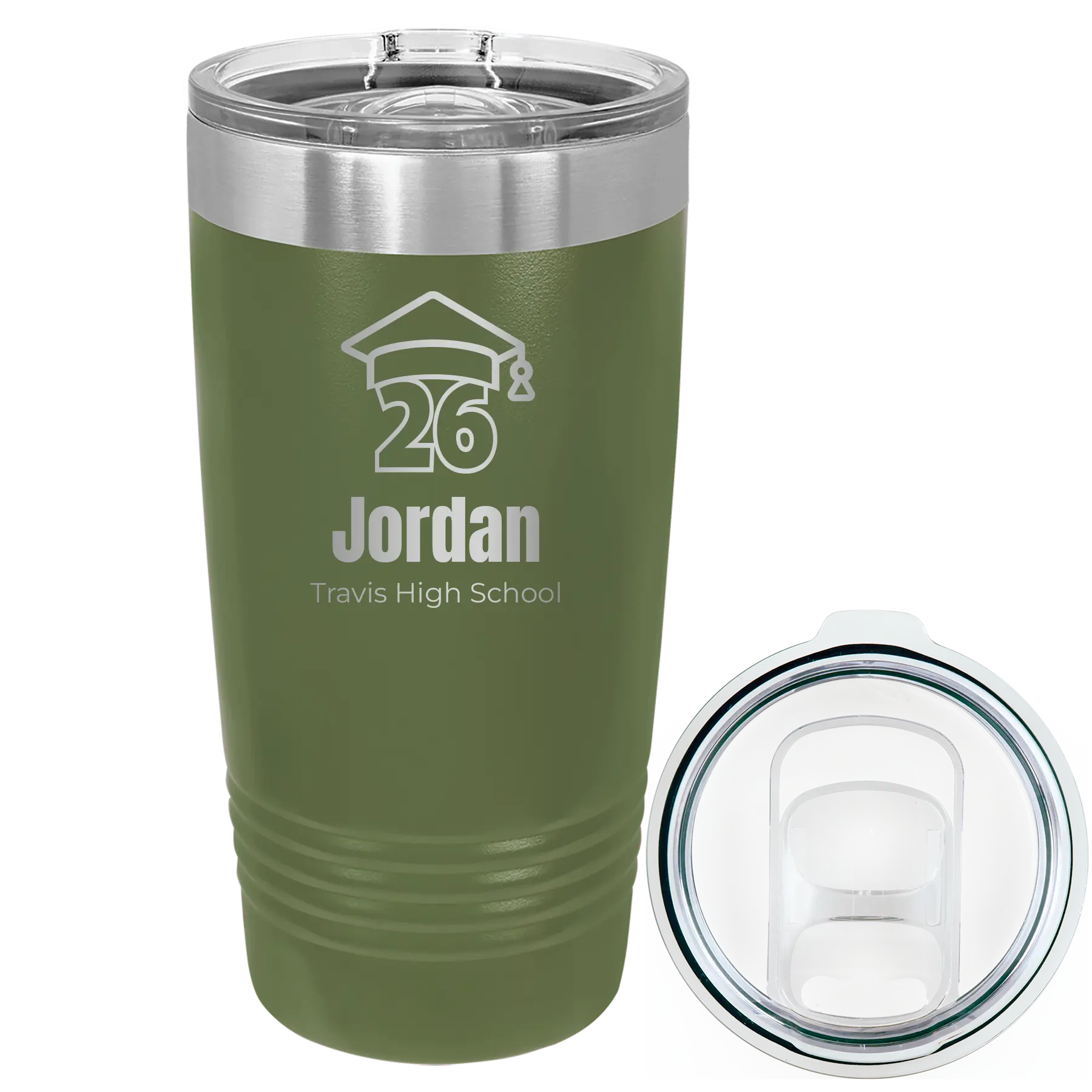 Personalized olive green 20 oz vacuum insulated tumbler with 'Year 2026' design