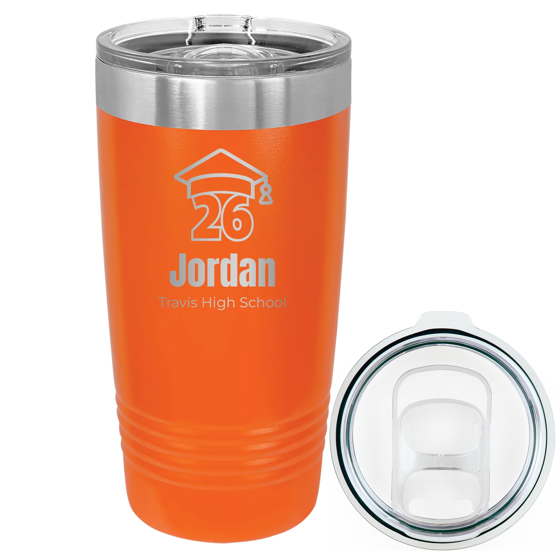 Personalized orange 20 oz vacuum insulated tumbler with 'Year 2026' design