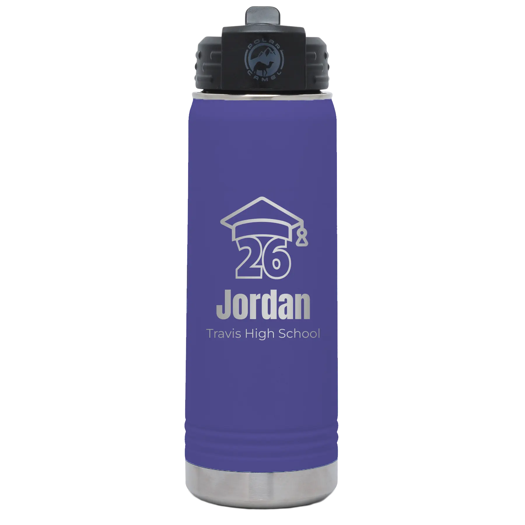 Personalized purple 20 oz vacuum insulated water bottle with 'Year 2026' design