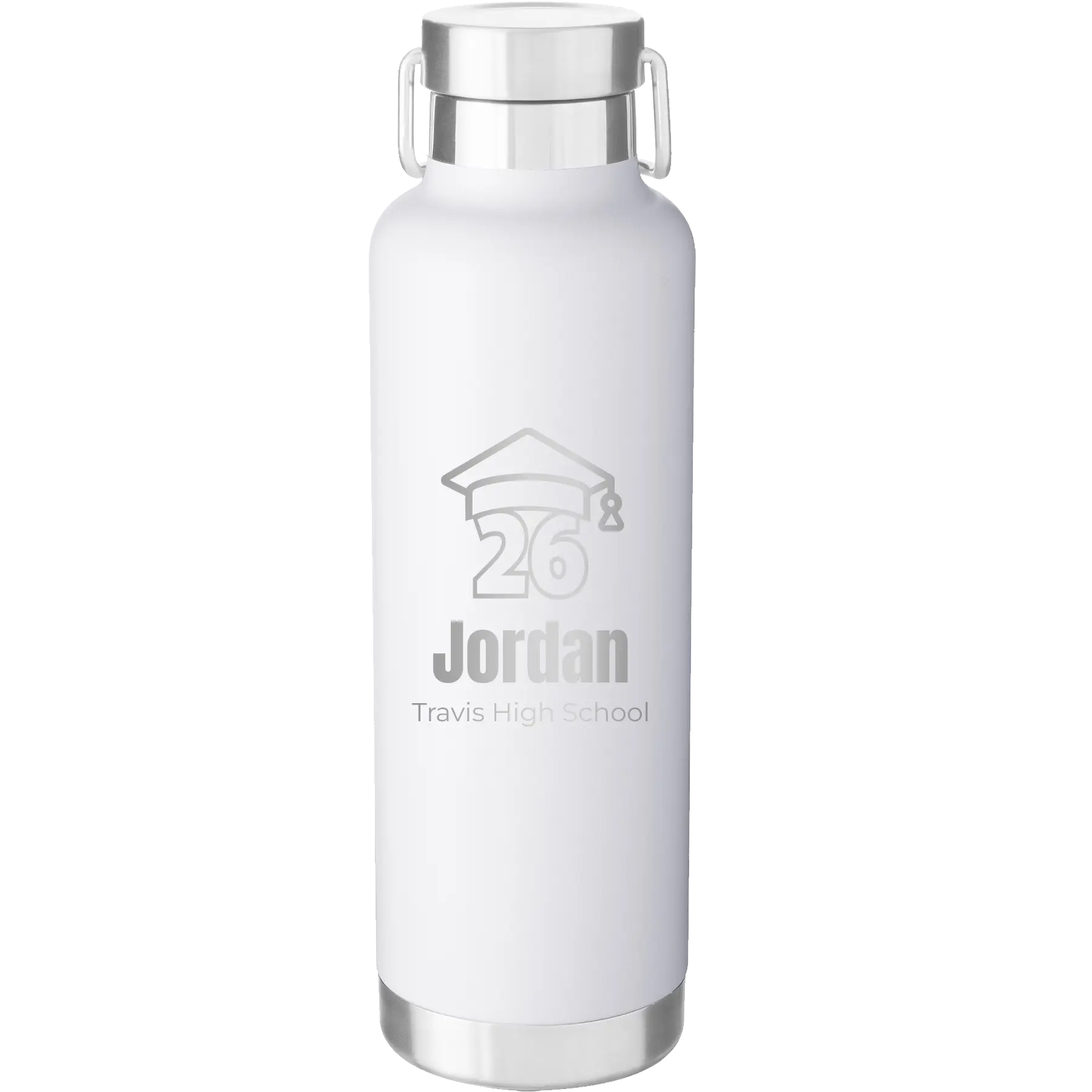 Personalized white 24 oz vacuum insulated water bottle with 'Year 2026' design