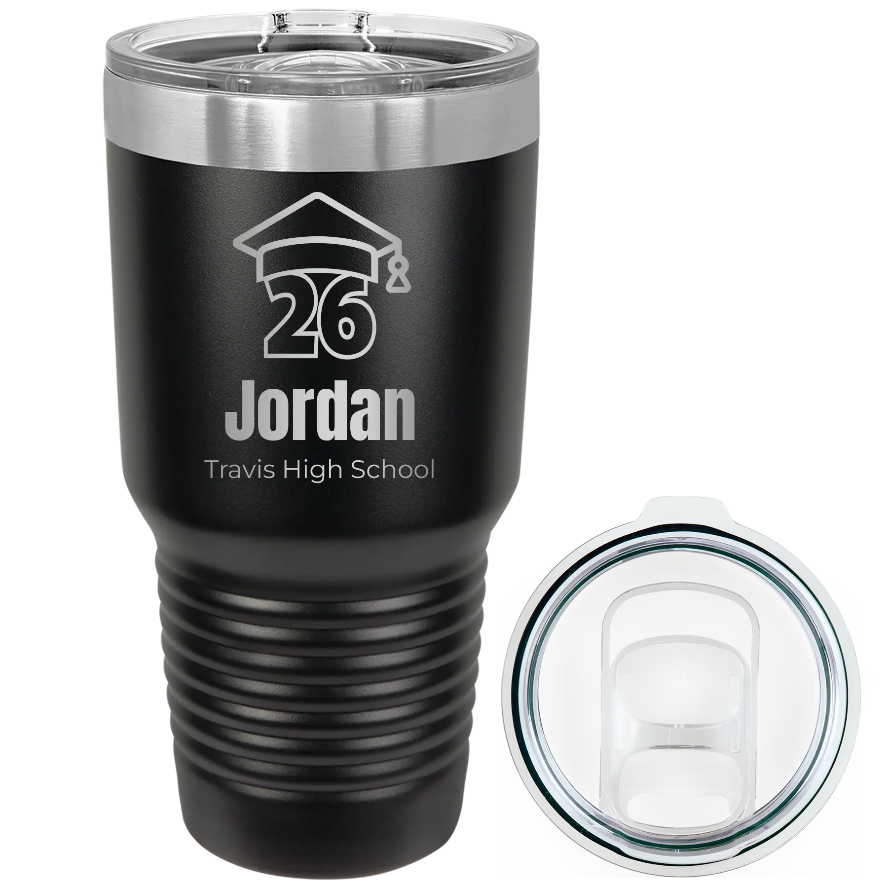 Personalized black 30 oz vacuum insulated tumbler with 'Year 2026' design